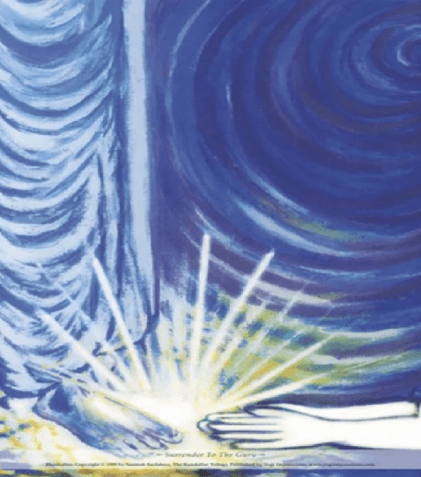 Blue-hued guru guiding seeker with radiant blessings